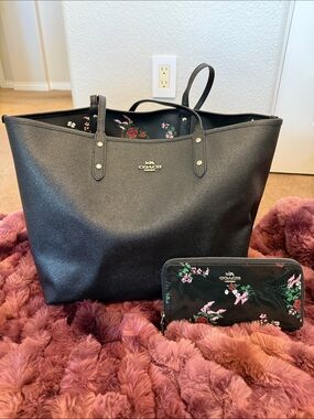 Coach Black Leather Tote with Floral-Trim Wallet